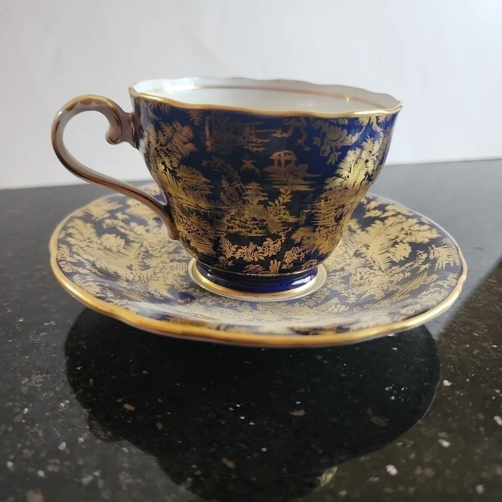 Vintage Aynsley Cobalt Blue and Gold Teacup and Saucer, England